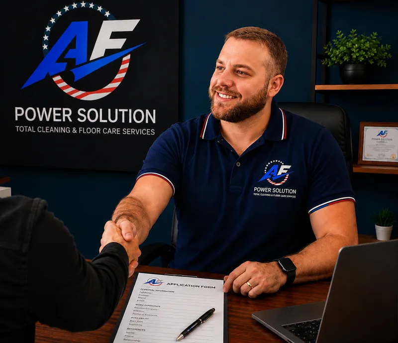 AF Power Solution manager shaking hands with a smiling job candidate at a desk with an application form