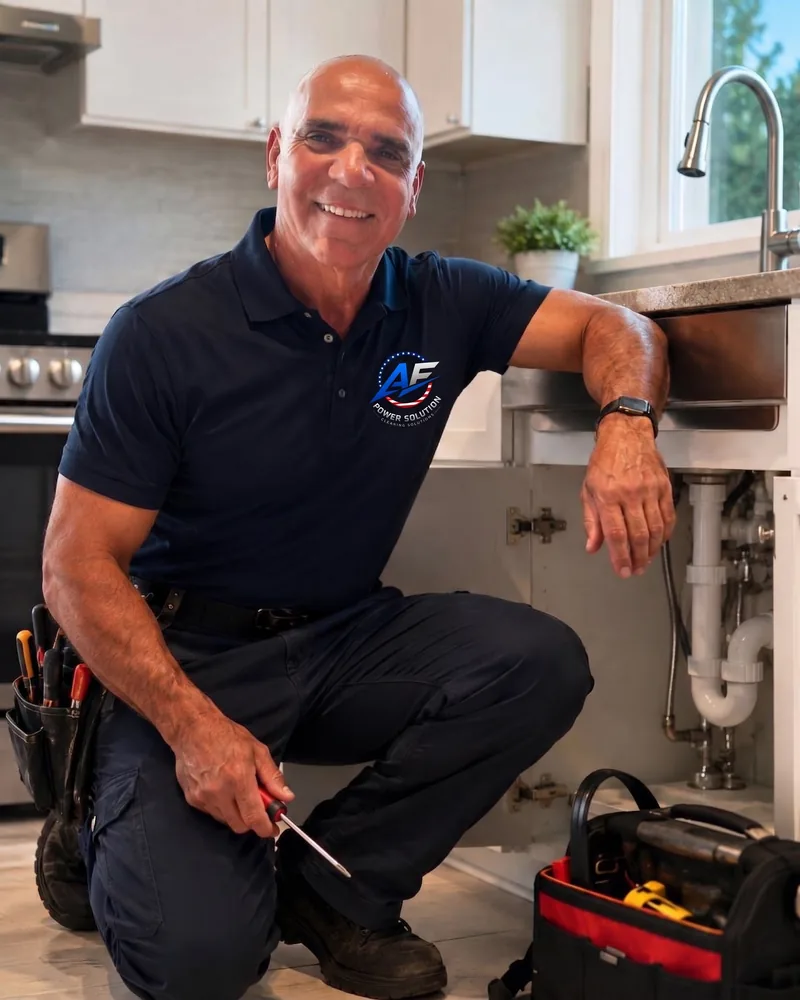 AF Power Solution handyman kneeling under a kitchen sink with a screwdriver and tool belt
