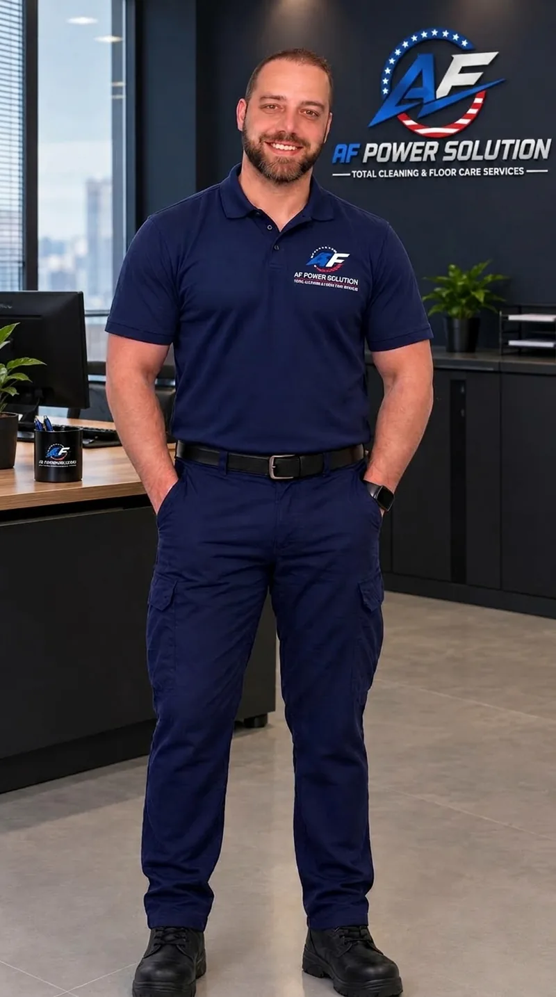 AF Power Solution team member in uniform in the branded office