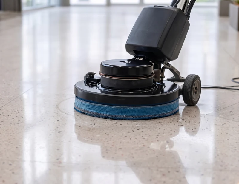 Floor buffing machine polishing a terrazzo floor