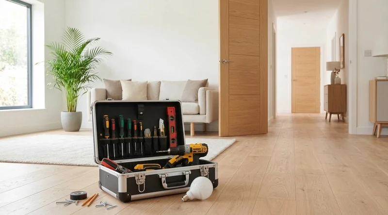 Open tool case with a power drill, screwdrivers and a light bulb on the floor of a bright living room